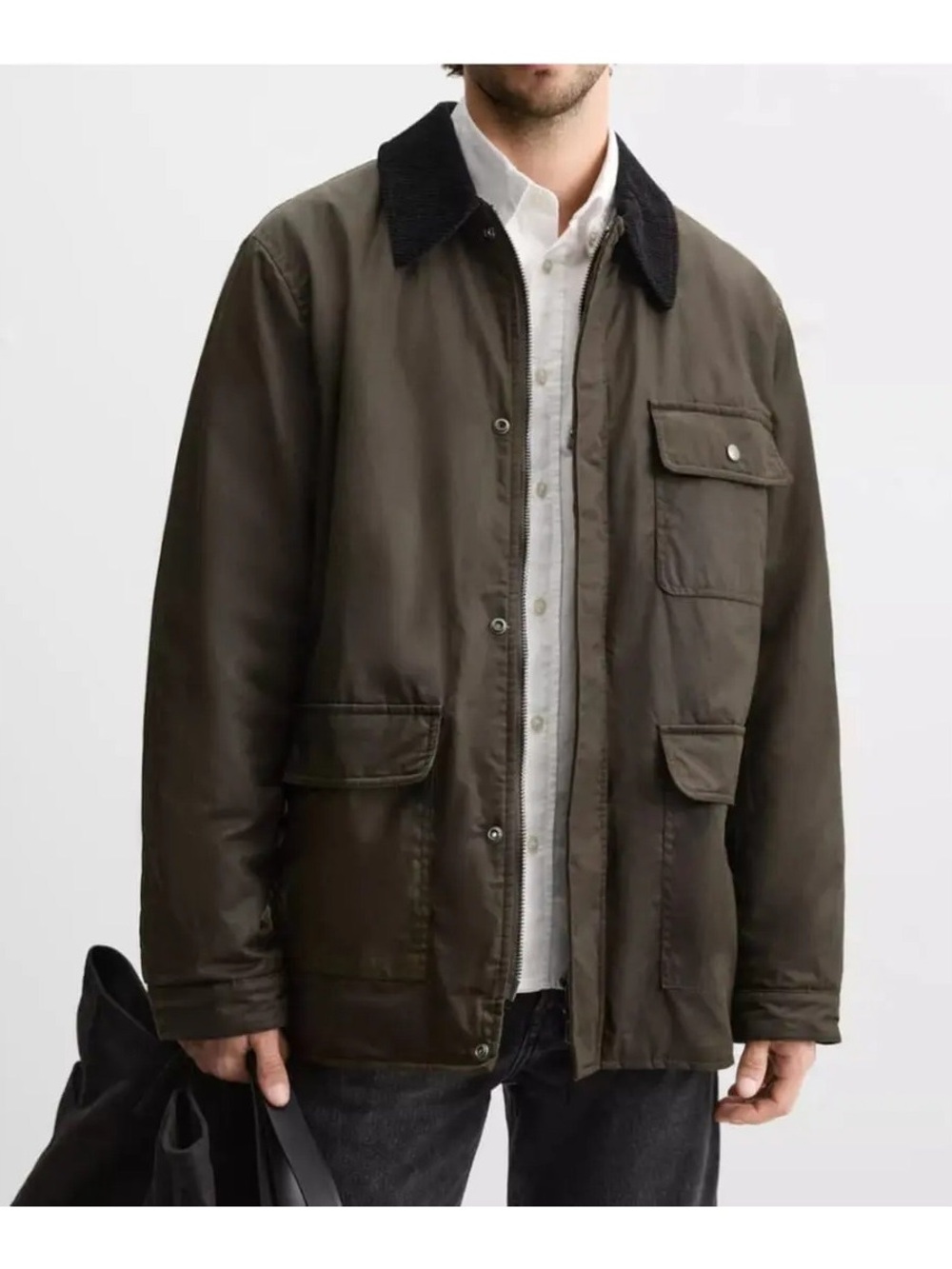 Zara Men's Waxed Utility Parka Jacket with Contrast Corduroy Collar Green